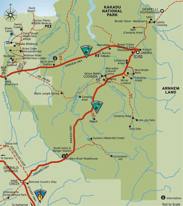 A tourist information map of Kakadu National Park as a tourist information guide - courtesy of Tourism NT